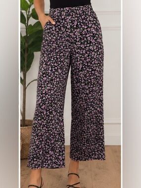Zara Black Pink Floral Wide-Leg Pants Size Medium